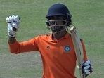 Rohan Kunnummal does Virat Kohli's iconic celebration. Rohan Kunnummal does Virat Kohli's iconic celebration.