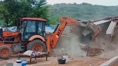 A dwelling unit of an alleged rioter being razed at Nalhar village in Nuh on Saturday. (Parveen Kumar/ HT) A dwelling unit of an alleged rioter being razed at Nalhar village in Nuh on Saturday. (Parveen Kumar/ HT)