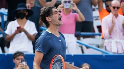 Taylor Fritz, of the United States, celebrates after defeating Andy Murray, of Britain, at the DC Open tennis tournament (AP) Taylor Fritz, of the United States, celebrates after defeating Andy Murray, of Britain, at the DC Open tennis tournament (AP)