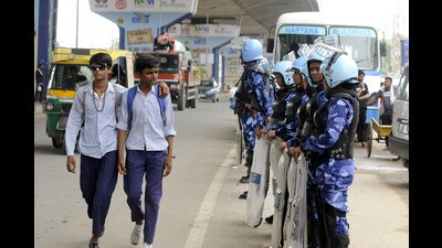 After the communal violence in Nuh, Rapid Action Force(RAF) has been deployed at Gurugram-Sohna road in Badshahpur village to maintain law and order, in Gurugram, India, on Saturday. (Parveen Kumar/HT)
