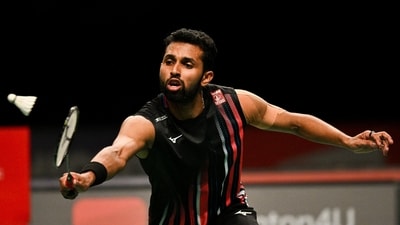 Prannoy H. S. of India hits a return against Priyanshu Rajawat of India during their men's singles semi final match on day five of the Australia Open badminton tournament (AFP) Prannoy H. S. of India hits a return against Priyanshu Rajawat of India during their men's singles semi final match on day five of the Australia Open badminton tournament (AFP)