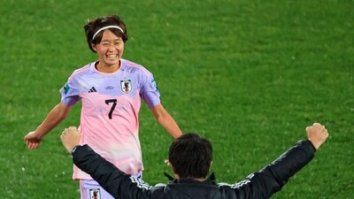 Japan's midfielder #07 Hinata Miyazawa (L) celebrates her goal with Japan's coach Futoshi Ikeda during the Australia and New Zealand 2023 Women's World Cup round of 16 football match (AFP) Japan's midfielder #07 Hinata Miyazawa (L) celebrates her goal with Japan's coach Futoshi Ikeda during the Australia and New Zealand 2023 Women's World Cup round of 16 football match (AFP)