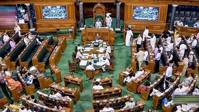 Lok Sabha Speaker Om Birla conducts the proceedings of the House during the Monsoon session of Parliament, in New Delhi, Friday, Aug. 4. (PTI)