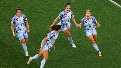Spain's Aitana Bonmati celebrates scoring their first goal with Teresa Abelleira, Oihane Hernandez and Alba Redondo (REUTERS)
