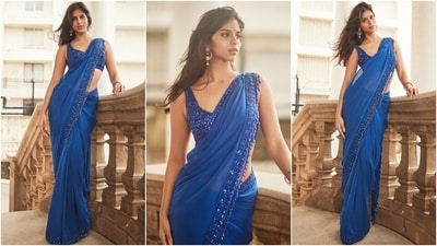 Earlier, on Thursday night, Suhana Khan attended her BFF Aaliyah Kashyap's engagement bash in Mumbai. She wore an electric blue-coloured saree and a heavily-embellished sleeveless blouse by Arpita Mehta to the party. The custom chiffon six yards features cutdana hand embroidery, mirror work, and beaded tassels. She styled it with high heels, jhumkis, bracelets, striking makeup, and open wavy locks. (Instagram) Earlier, on Thursday night, Suhana Khan attended her BFF Aaliyah Kashyap's engagement bash in Mumbai. She wore an electric blue-coloured saree and a heavily-embellished sleeveless blouse by Arpita Mehta to the party. The custom chiffon six yards features cutdana hand embroidery, mirror work, and beaded tassels. She styled it with high heels, jhumkis, bracelets, striking makeup, and open wavy locks. (Instagram)