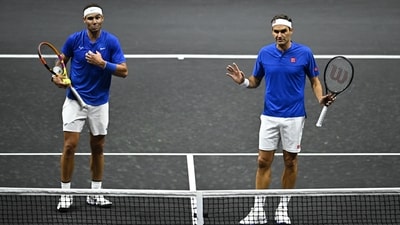 Rafael Nadal and Roger Federer during the 2022 Laver Cup. (REUTERS)