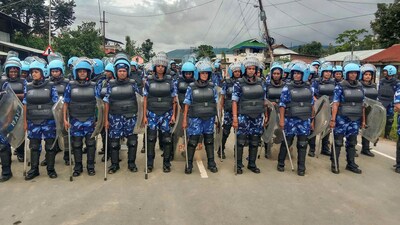 Bishnupur: Security personnel stand guard at Kwakta, in Bishnupur district, Thursday, Aug. 3, 2023. (PTI) Bishnupur: Security personnel stand guard at Kwakta, in Bishnupur district, Thursday, Aug. 3, 2023. (PTI)