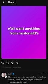 Mark Zuckerberg reveals his ridiculous McDonald’s order (Thread)