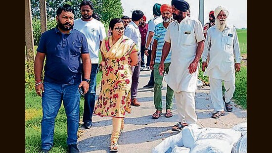 DC Surabhi Malik visited the flood-affected villages of the district to review the ongoing special girdawari on Saturday. (HT Photo)