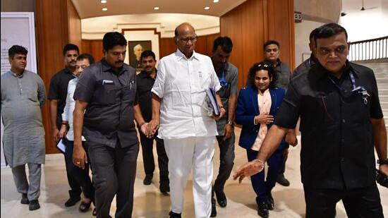 NCP chief Sharad Pawar leaves after the Maha Vikas Aaghadi meeting at Nehru Centre in Worli, in Mumbai, on Saturday. (Photo by Bhushan Koyande/HT Photo)