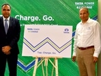 Shailesh Chandra (L), MD, Tata Motors and Tata Passenger Electric Mobility Limited and Praveer Sinha, CEO & MD, Tata Power during the launch of the 'EV Charging RFID Card', at Bombay House, in Mumbai, (Photo by Bhushan Koyande/HT Photo)