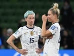 USA's forward #15 Megan Rapinoe (L) and USA's midfielder #22 Kristie Mewis (R) react at the end of the Australia and New Zealand 2023 Women's World Cup round of 16 football match between Sweden and USA at Melbourne Rectangular Stadium in Melbourne on August 6, 2023. USA's forward #15 Megan Rapinoe (L) and USA's midfielder #22 Kristie Mewis (R) react at the end of the Australia and New Zealand 2023 Women's World Cup round of 16 football match between Sweden and USA at Melbourne Rectangular Stadium in Melbourne on August 6, 2023.
