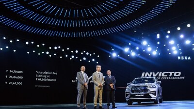 Managing Director and Chief Executive officer (CEO), Maruti Suzuki, Hisashi Takeuchi with Senior Executive Officer (Marketing & Sales) Shashank Srivastava at the launch of ‘Invicto’, Maruti Suzuki’s new three row premium utility vehicle (UV), in Gurugram. (ANI) Managing Director and Chief Executive officer (CEO), Maruti Suzuki, Hisashi Takeuchi with Senior Executive Officer (Marketing & Sales) Shashank Srivastava at the launch of ‘Invicto’, Maruti Suzuki’s new three row premium utility vehicle (UV), in Gurugram. (ANI)