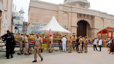 Police personnel stand guard at Gyanvapi mosque as Archaeological Survey of India (ASI) resumes scientific survey of the complex in Varanasi. (ANI Photo) Police personnel stand guard at Gyanvapi mosque as Archaeological Survey of India (ASI) resumes scientific survey of the complex in Varanasi. (ANI Photo)