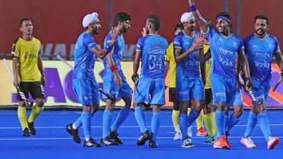 India players celebrate during the match against Malaysia in the Asian Champions Trophy 2023, at Mayor Radhakrishnan Hockey Stadium, in Chennai (Lakshmi)