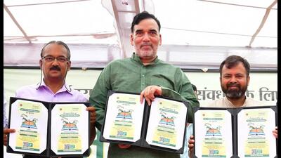 Delhi environment minister Gopal Rai during the Van Mahotsav event at DU Polo Ground, in New Delhi on Sunday. (HT Photo)