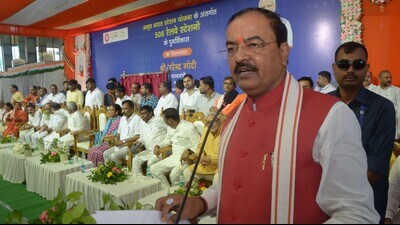Deputy CM Keshav Prasad Maurya speaking at the event in Prayagraj on Sunday. (HT)