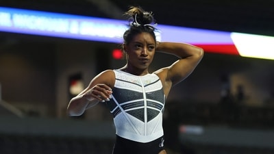 Simone Biles warms up prior to the Core Hydration Classic at Now Arena (Getty Images) Simone Biles warms up prior to the Core Hydration Classic at Now Arena (Getty Images)