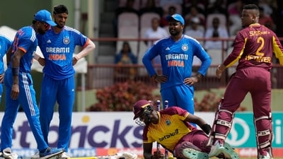 Jason Holder grimaces after his dismissal during the second T20 match against India at Providence Stadium in Georgetown, Guyana (AP) Jason Holder grimaces after his dismissal during the second T20 match against India at Providence Stadium in Georgetown, Guyana (AP)