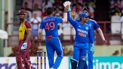 Mukesh Kumar celebrates the wicket of Nicholas Pooran during the second T20 match at Providence Stadium in Georgetown, Guyana (AP) Mukesh Kumar celebrates the wicket of Nicholas Pooran during the second T20 match at Providence Stadium in Georgetown, Guyana (AP)