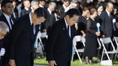 Japan's Prime Minister Fumio Kishida, front right, observes a moment of silence during a ceremony marking the 78th anniversary of the world's first atomic bombing at the Hiroshima Peace Memorial Park in Hiroshima, western Japan Sunday. (AP) Japan's Prime Minister Fumio Kishida, front right, observes a moment of silence during a ceremony marking the 78th anniversary of the world's first atomic bombing at the Hiroshima Peace Memorial Park in Hiroshima, western Japan Sunday. (AP)
