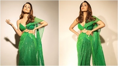 Malaika Arora wears a pre-draped saree by Amit Aggarwal for a photoshoot. (Instagram) Malaika Arora wears a pre-draped saree by Amit Aggarwal for a photoshoot. (Instagram)