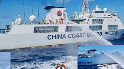 A China Coast Guard ship (L) releasing water cannon on a Philippine Coast Guard ship near Second Thomas Shoal. (AFP) A China Coast Guard ship (L) releasing water cannon on a Philippine Coast Guard ship near Second Thomas Shoal. (AFP)