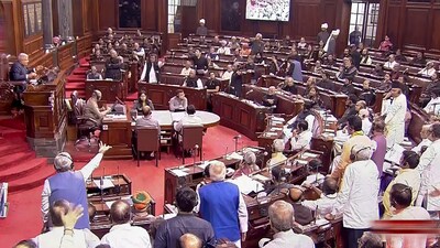 Opposition MPs protest in the Rajya Sabha during the Monsoon session of Parliament (PTI) Opposition MPs protest in the Rajya Sabha during the Monsoon session of Parliament (PTI)
