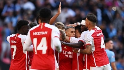 Arsenal's Leandro Trossard celebrates scoring their first goal with teammates (REUTERS)