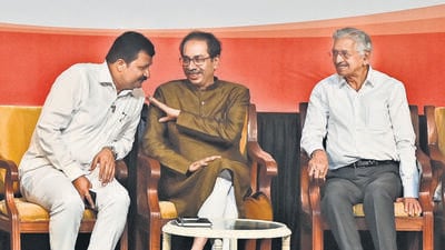 The Sena (UBT) chief said that on August 30 and September 1, there would be a meeting of the united opposition alliance, INDIA, in Mumbai. “We are opponents of those who are against India,” he said. “PM Modi has made comments on this and likened us to the Indian Mujahideen. When PM Modi goes to the US, is he going as the head of the Indian Mujahideen?” (Vijay Bate/HT Photo) The Sena (UBT) chief said that on August 30 and September 1, there would be a meeting of the united opposition alliance, INDIA, in Mumbai. “We are opponents of those who are against India,” he said. “PM Modi has made comments on this and likened us to the Indian Mujahideen. When PM Modi goes to the US, is he going as the head of the Indian Mujahideen?” (Vijay Bate/HT Photo)