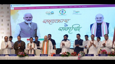 Union Home Minister Amit Shah inaugurated the multi-purpose cooperative society integrated portal developed by the Central Government in Chinchwad on Sunday. (HT PHOTO)