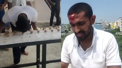 Naveen Kumar smashed 273 walnuts with his head in a minute. (Guinness World Record) Naveen Kumar smashed 273 walnuts with his head in a minute. (Guinness World Record)