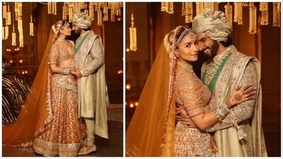 Alia Bhatt and Ranveer Singh's looks from their reel wedding in Rocky Aur Rani Kii Prem Kahaani. Alia Bhatt and Ranveer Singh's looks from their reel wedding in Rocky Aur Rani Kii Prem Kahaani.