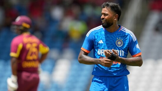 Hardik Pandya prepares to bowl against West Indies (AP)