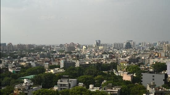 Gurugram, India-July 24, 2023: An aerial view of Sushant Lok-1 in Gurugram, India, on Monday, 24 July 2023. DTCP recommends 100 FIRs against property owners running illegal commercial establishments in residential areas including sushant lok (Photo by Parveen Kumar/Hindustan Times)**To go with Abhishek Bhel's Story