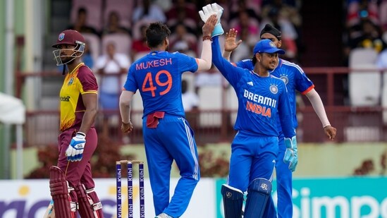 Mukesh Kumar&nbsp;celebrates the wicket of Nicholas Pooran&nbsp;during the second T20 match at Providence Stadium in Georgetown, Guyana(AP)