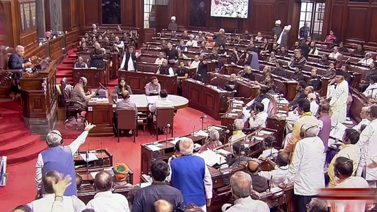 Opposition MPs protest in the Rajya Sabha during the Monsoon session of Parliament (PTI)