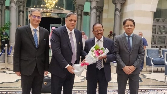 NSA Ajit Doval being welcomed on his arrival to take part in National Security Advisors' meeting on Ukraine, in Jeddah. (PTI)