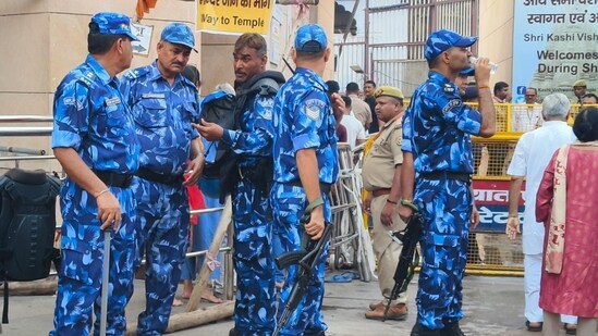RAF Jawan deployed near gate number 4 of Baba Kashi Vishwanath Dham as Gyanvapi mosque survey continued on Sunday amid tight security.
