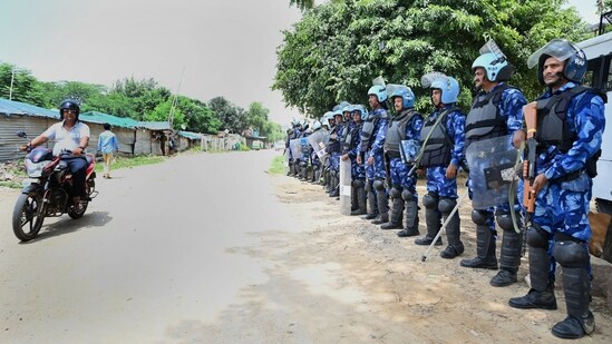 After the communal violence in Nuh, Rapid Action Force (RAF) has been deployed in sector-57 near Tigra Village to maintain law & order, in Gurugram, India, on Sunday, 06 August 2023. (Photo by Parveen Kumar/Hindustan Times)