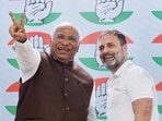 Congress President Mallikarjun Kharge with party leader Rahul Gandhi after a press conference at AICC headquarters, in New Delhi.