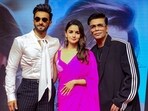 Alia Bhatt and Ranveer Singh with Karan Johar during a press conference of Rocky Aur Rani Kii Prem Kahaani. (PTI Photo)
