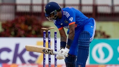 India's captain Hardik Pandya is bowled by West Indies' Alzarri Joseph. (AP) India's captain Hardik Pandya is bowled by West Indies' Alzarri Joseph. (AP)