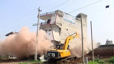 An illegal hotel-cum-restaurant being demolished from where stones were allegedly pelted during the recent violence that erupted between groups in Nuh on Sunday (ANI FILE) An illegal hotel-cum-restaurant being demolished from where stones were allegedly pelted during the recent violence that erupted between groups in Nuh on Sunday (ANI FILE)