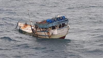An investigation by the ICG ship revealed that the fishing vessel was found with ropes and fishing nets and was adrift at Sea for a longer duration due to rough weather. (HT Photo) An investigation by the ICG ship revealed that the fishing vessel was found with ropes and fishing nets and was adrift at Sea for a longer duration due to rough weather. (HT Photo)