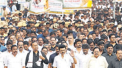 Chennai: Tamil Nadu chief minister MK Stalin and other DMK leaders take part in a peace march to Karunanidhi Memorial on his 5th death anniversary in Chennai on Aug 7. (PTI) Chennai: Tamil Nadu chief minister MK Stalin and other DMK leaders take part in a peace march to Karunanidhi Memorial on his 5th death anniversary in Chennai on Aug 7. (PTI)