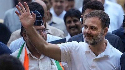 Congress leader Rahul Gandhi leaves after a meeting at AICC headquarters, in New Delhi, on 4 August, 2023. (PTI) Congress leader Rahul Gandhi leaves after a meeting at AICC headquarters, in New Delhi, on 4 August, 2023. (PTI)