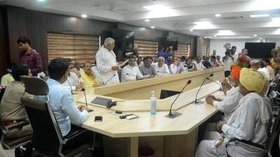 Gurugram DC Nishant Yadav meets mahapanchayat members on Monday. (HT Photo) Gurugram DC Nishant Yadav meets mahapanchayat members on Monday. (HT Photo)