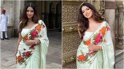 Harnaaz Sandhu visited Jaipur in a stunning floral chiffon saree and shared pictures on social media. (Instagram) Harnaaz Sandhu visited Jaipur in a stunning floral chiffon saree and shared pictures on social media. (Instagram)