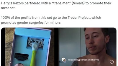Harry's Razors faces backlash for LGBTQ+ partnership with trans creator. Pride-centered promotion sparks debates on corporate activism and representation. (Twitter) Harry's Razors faces backlash for LGBTQ+ partnership with trans creator. Pride-centered promotion sparks debates on corporate activism and representation. (Twitter)